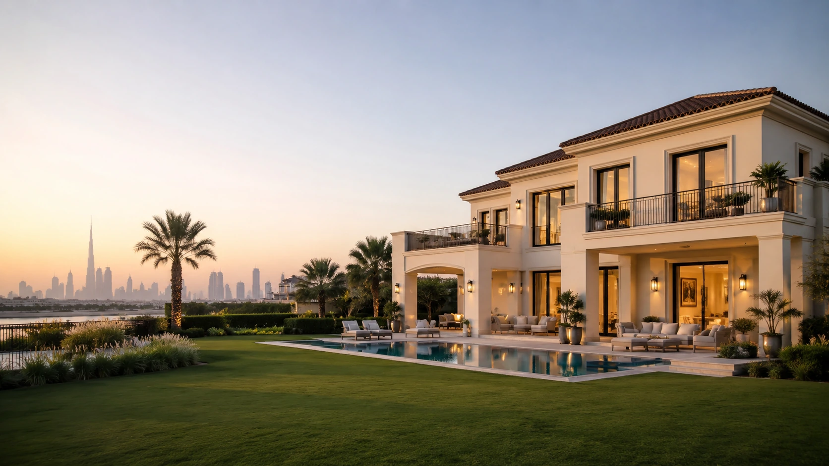 A completed two-storey Dubai villa with a pool and lawn, the community and skyline beyond, and architectural plans in the foreground.