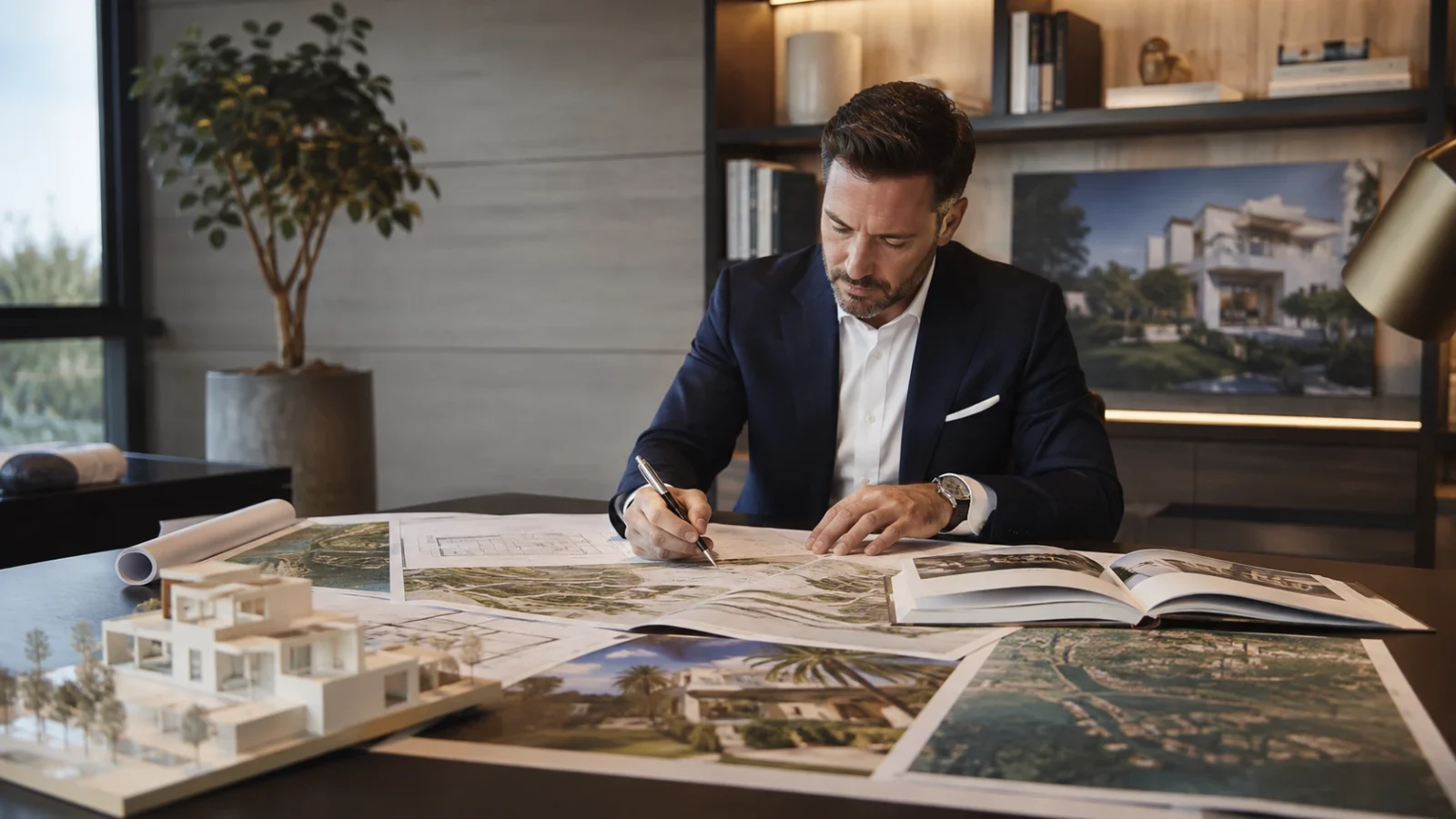 An adviser reviews villa floor plans, an architectural model and aerial community sheets in a calm property-research setting.