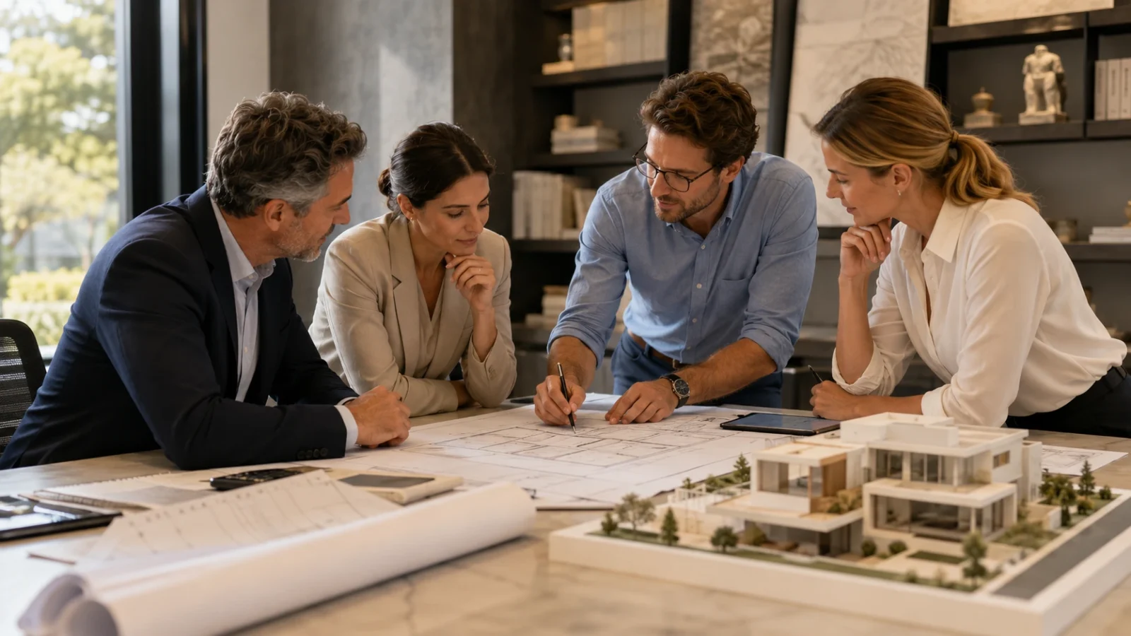 An adviser and colleagues review villa plans, a physical model and drawings together in a calm professional setting.