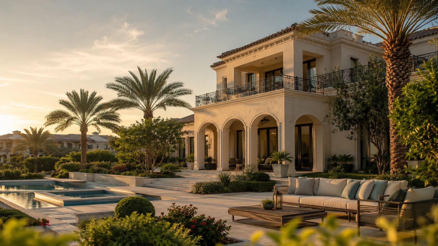 A premium Dubai villa with a pool and terrace in warm early-evening light, an inviting indoor-outdoor family setting.
