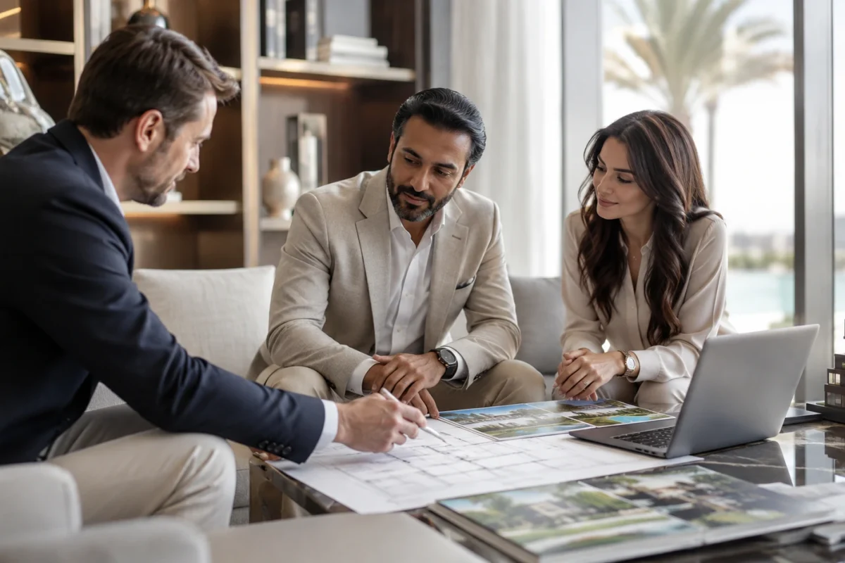 An adviser and two clients review villa floor plans, property photographs and a scale model together in a calm, premium consultation setting.