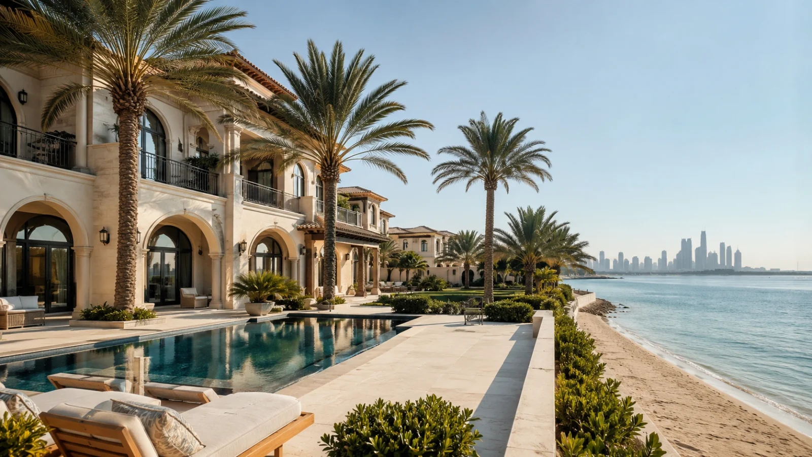 Waterfront villa with a private pool, tall palms and beach frontage overlooking calm sea, with a distant Dubai skyline