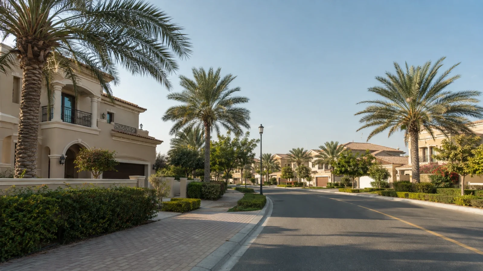 A quiet, established villa street lined with mature date palms and Mediterranean-style homes under a clear blue sky in Dubai