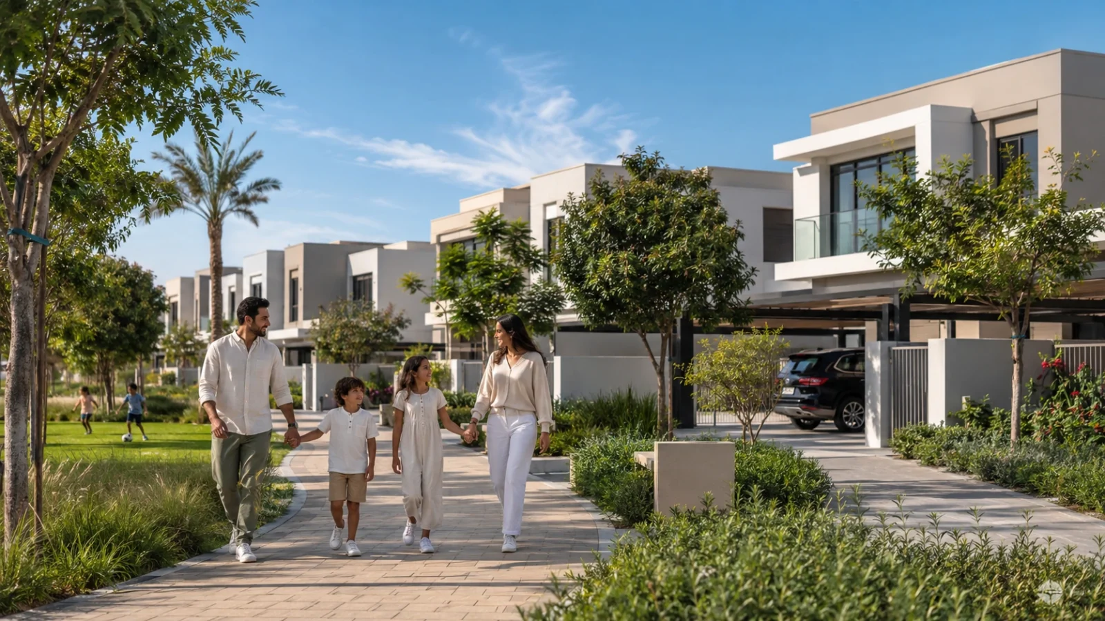 A family walks a landscaped pathway beside contemporary flat-roofed villas and a green park in a modern Dubai community