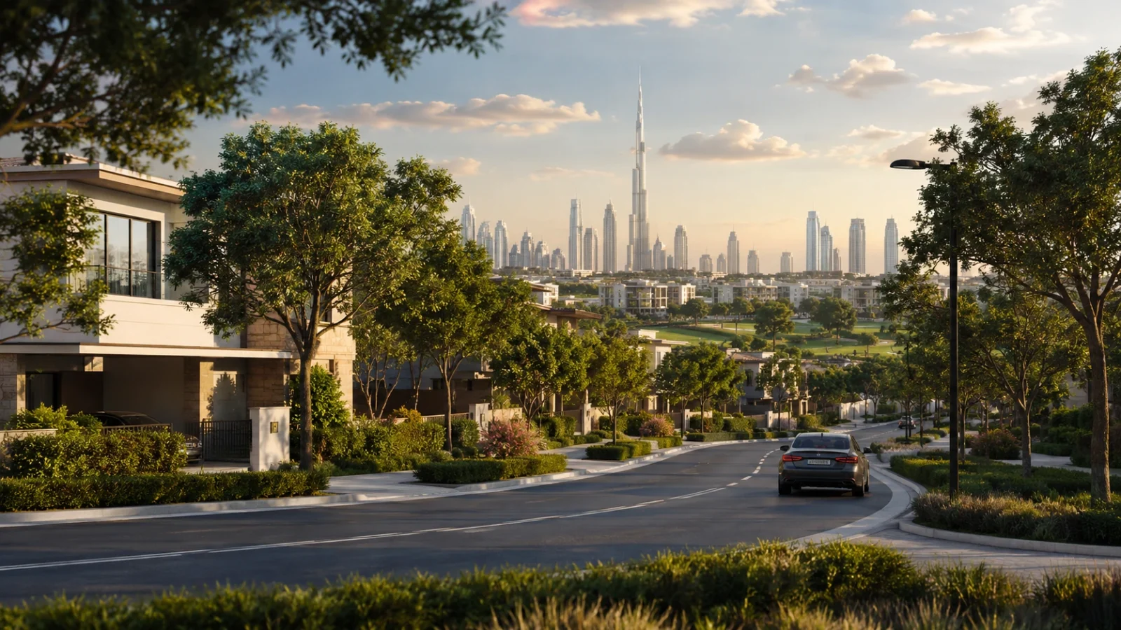 A landscaped standalone-villa community street curving toward the Dubai skyline at golden hour