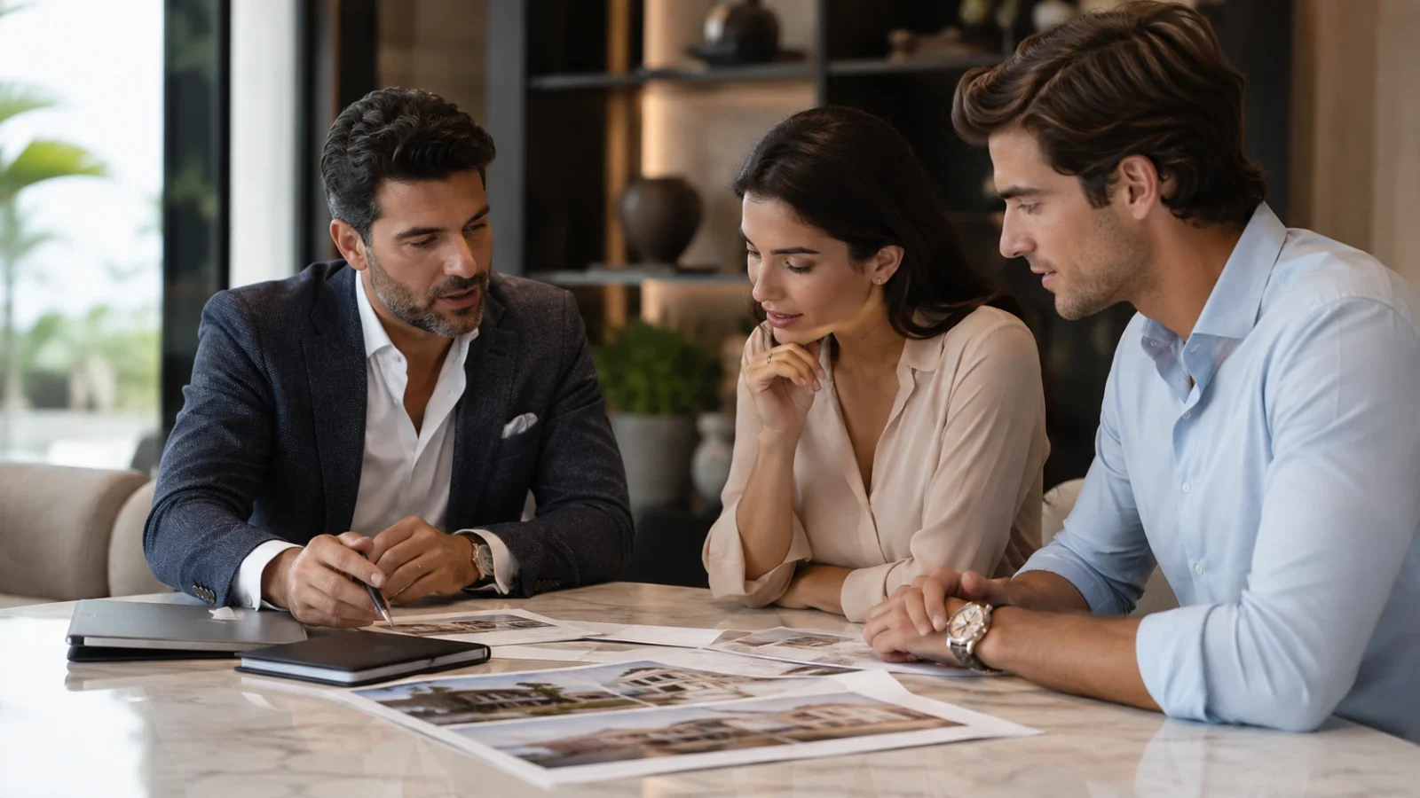 An adviser reviews printed villa and community photographs across a marble table with a couple in a calm, premium meeting setting