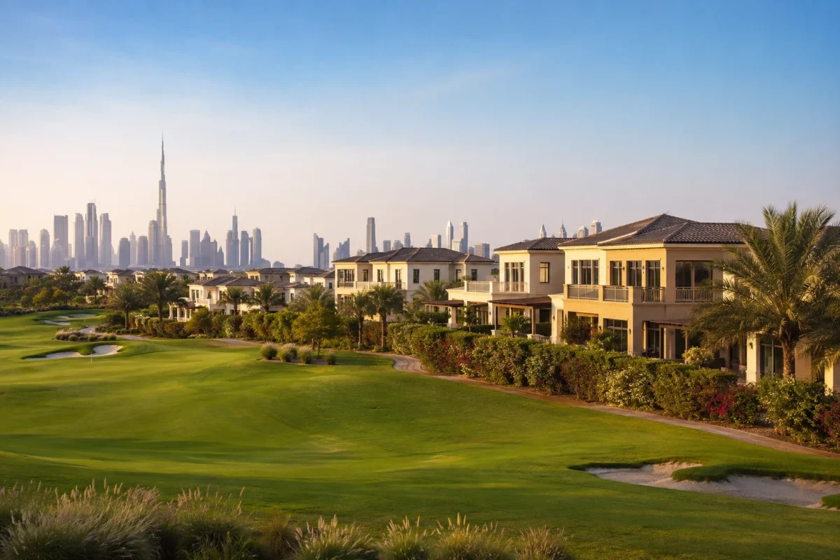 Villas overlooking a manicured golf course fairway in a Dubai community at sunset