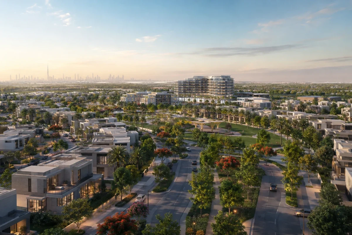 Low-density Dubai villa community with tree-lined streets and a central park