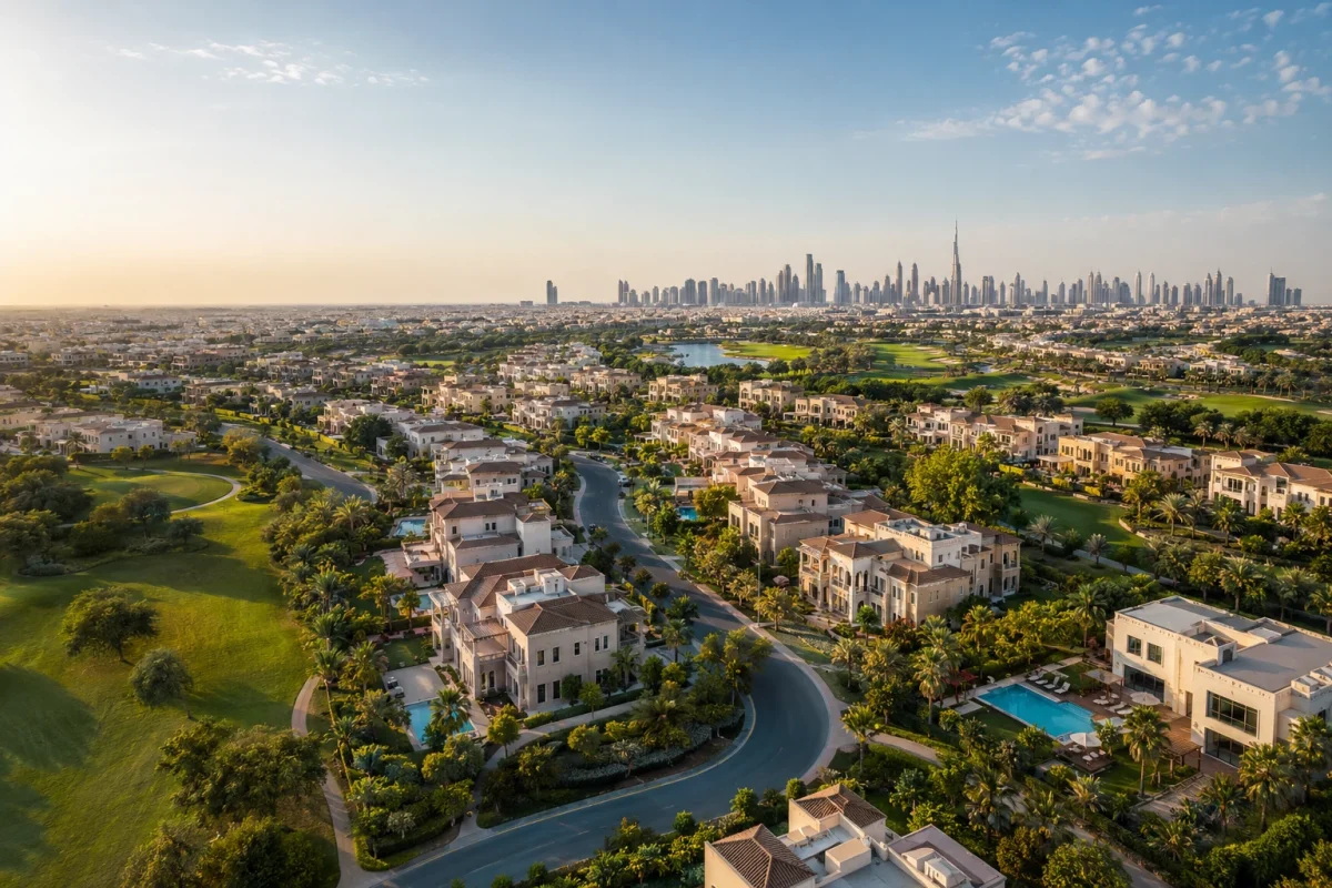 Aerial view of luxury Dubai villas with private pools and the Downtown skyline