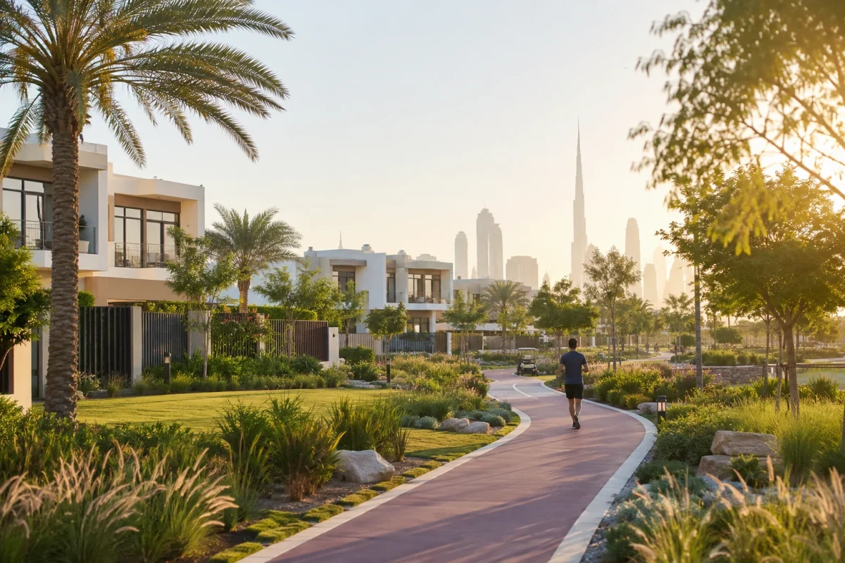 A person jogging on a landscaped trail through a Dubai villa community at sunrise