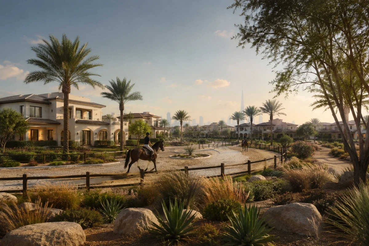 A horse rider on a sand riding track in a Dubai equestrian villa community