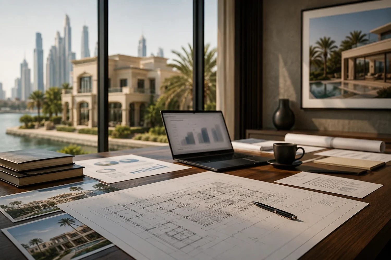 Villa photographs, floor plans and printed property documents laid out on a desk overlooking a Dubai villa community and skyline.