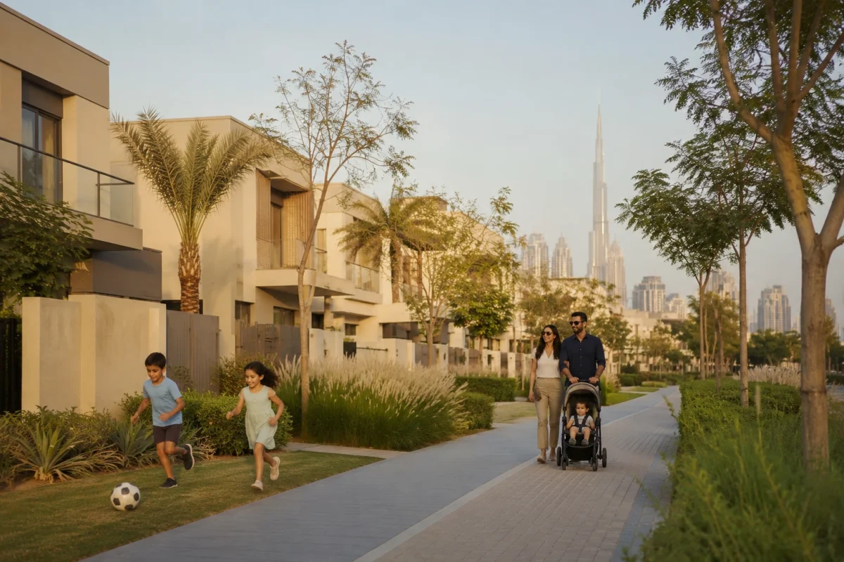 Families relax and children play on a landscaped green in an established Dubai villa community, with villas and the distant skyline behind.