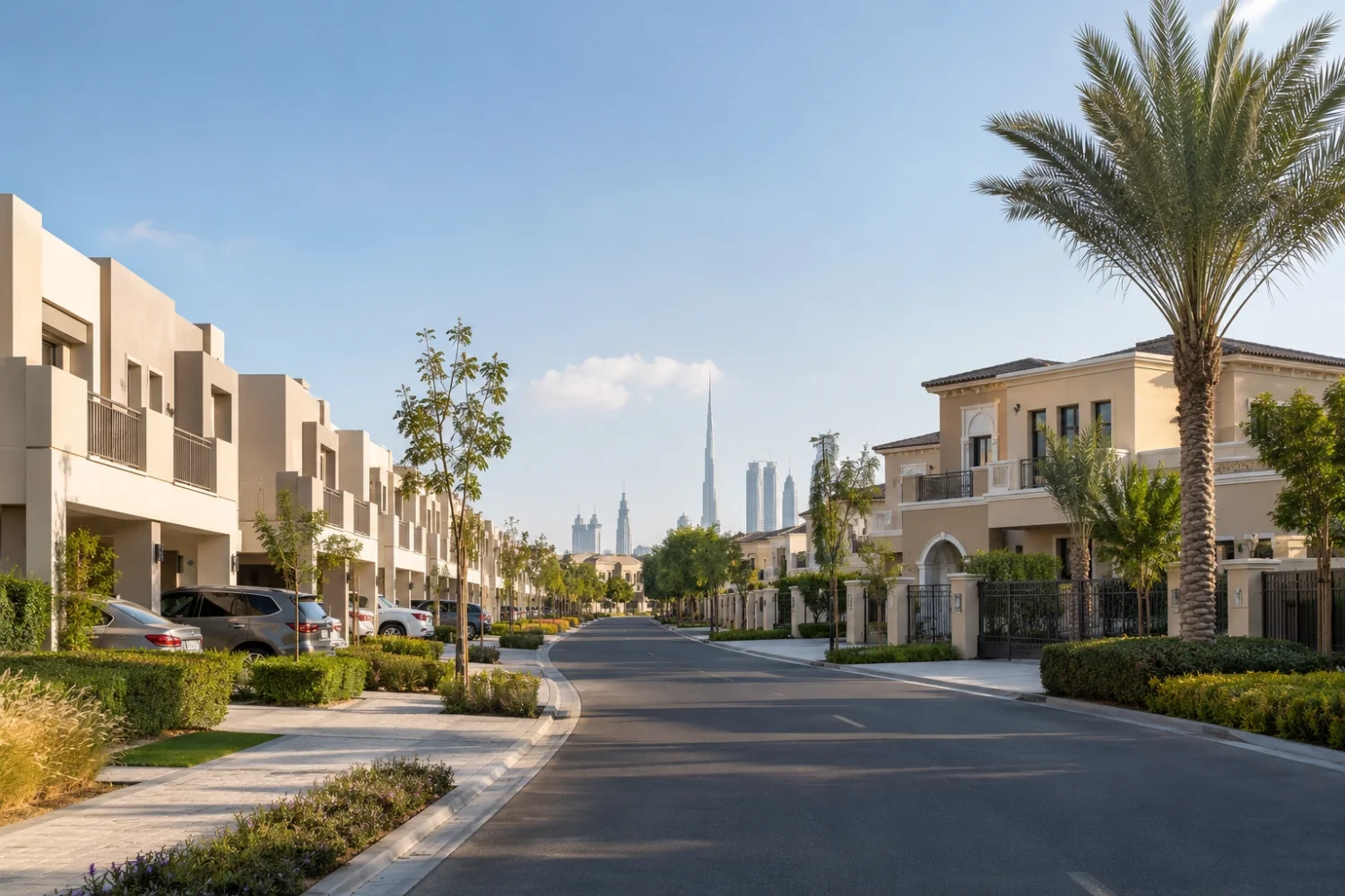 A single Dubai community street with townhouse terraces on one side and detached standalone villas on the other.