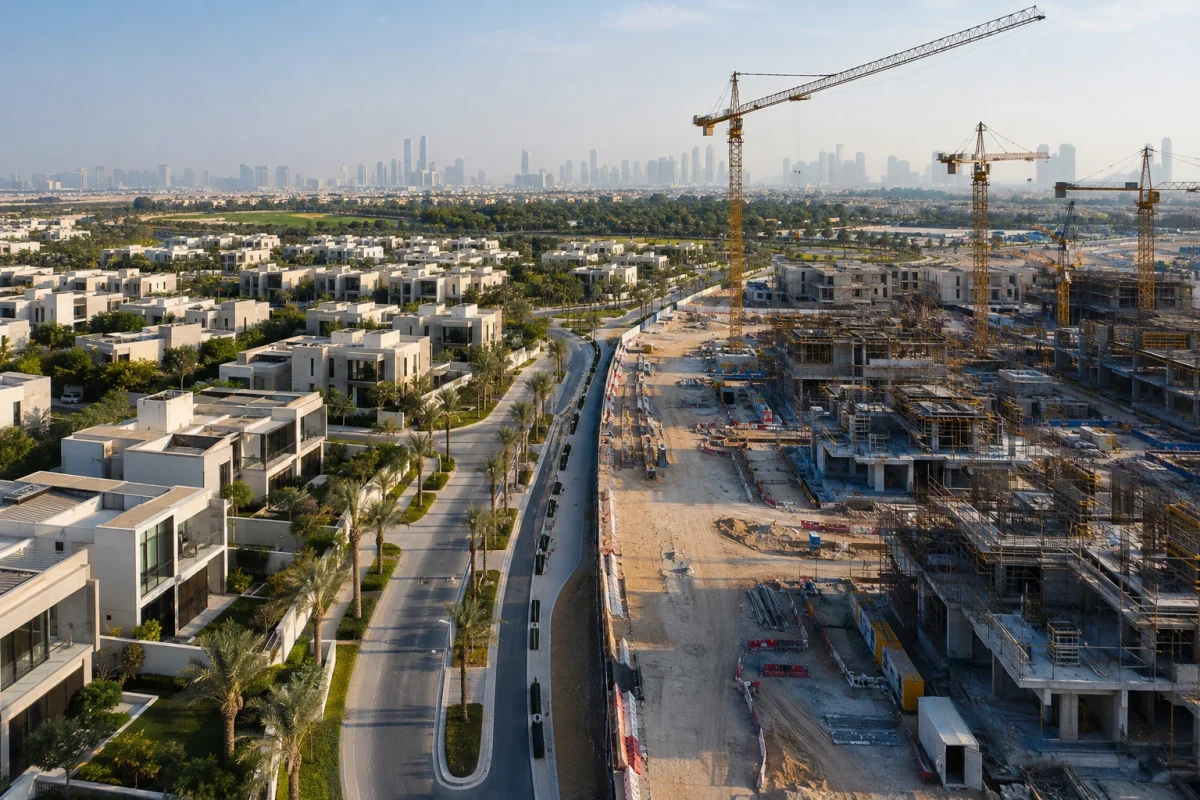 Aerial view of a Dubai master community with completed villas beside an active next-phase construction area and new roads.