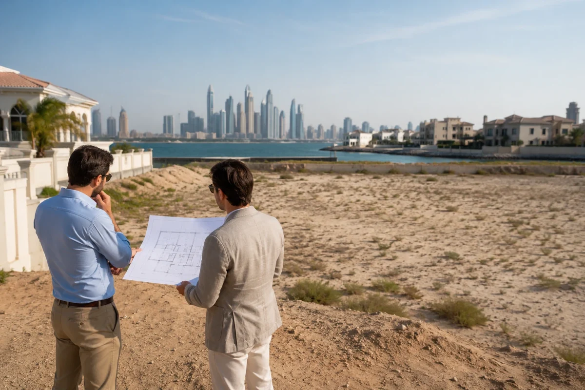 Two professionals review architectural plans on an undeveloped villa plot with the Dubai skyline in the distance.