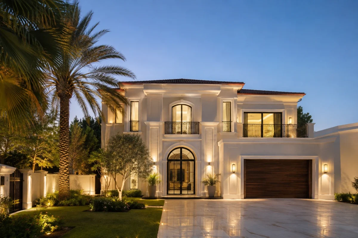 A professionally upgraded villa lit at dusk within a mature, established Dubai community.