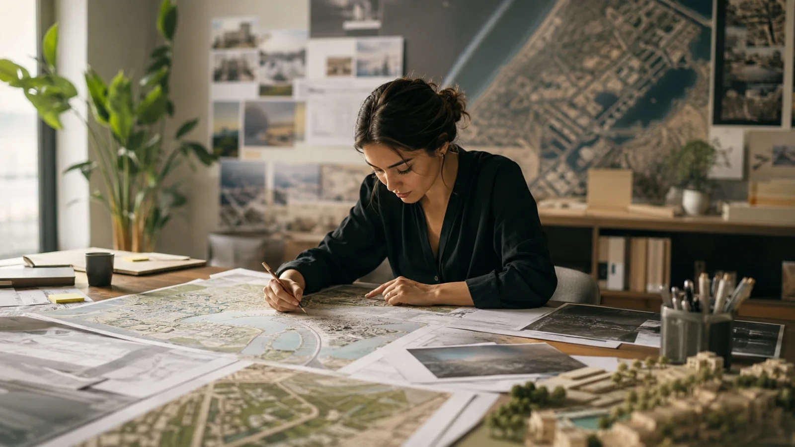 A researcher annotates a large printed community masterplan map at a desk covered with aerial site plans and a villa scale model