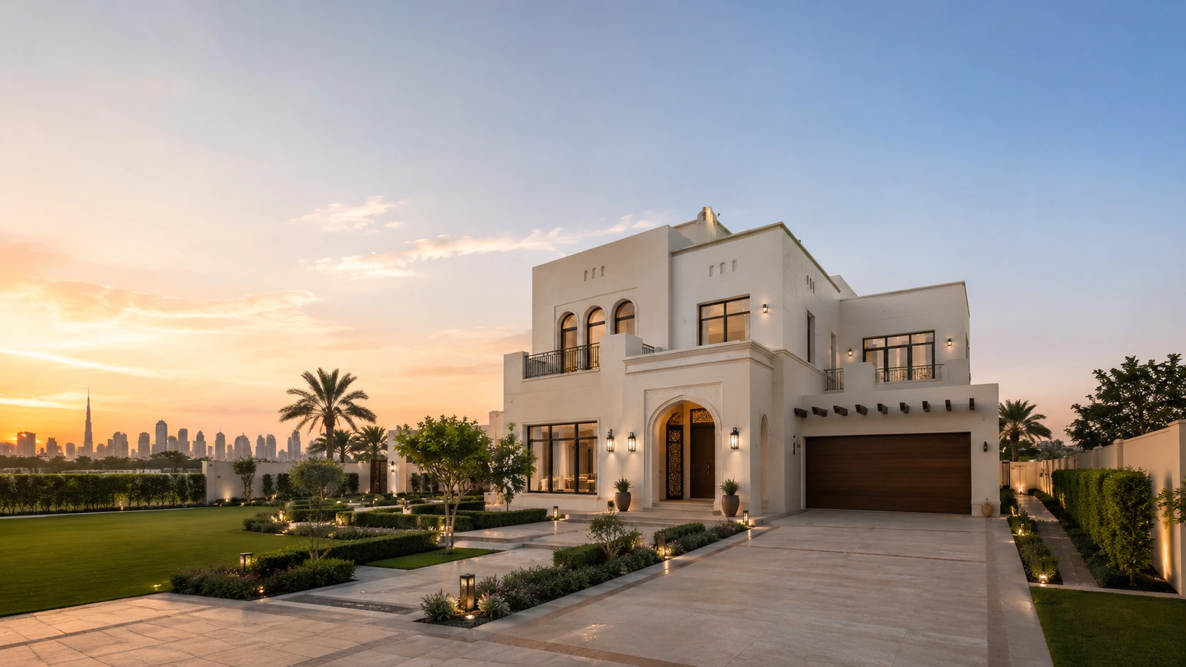 Premium detached Dubai villa at sunset with a landscaped garden, lit driveway and distant city skyline