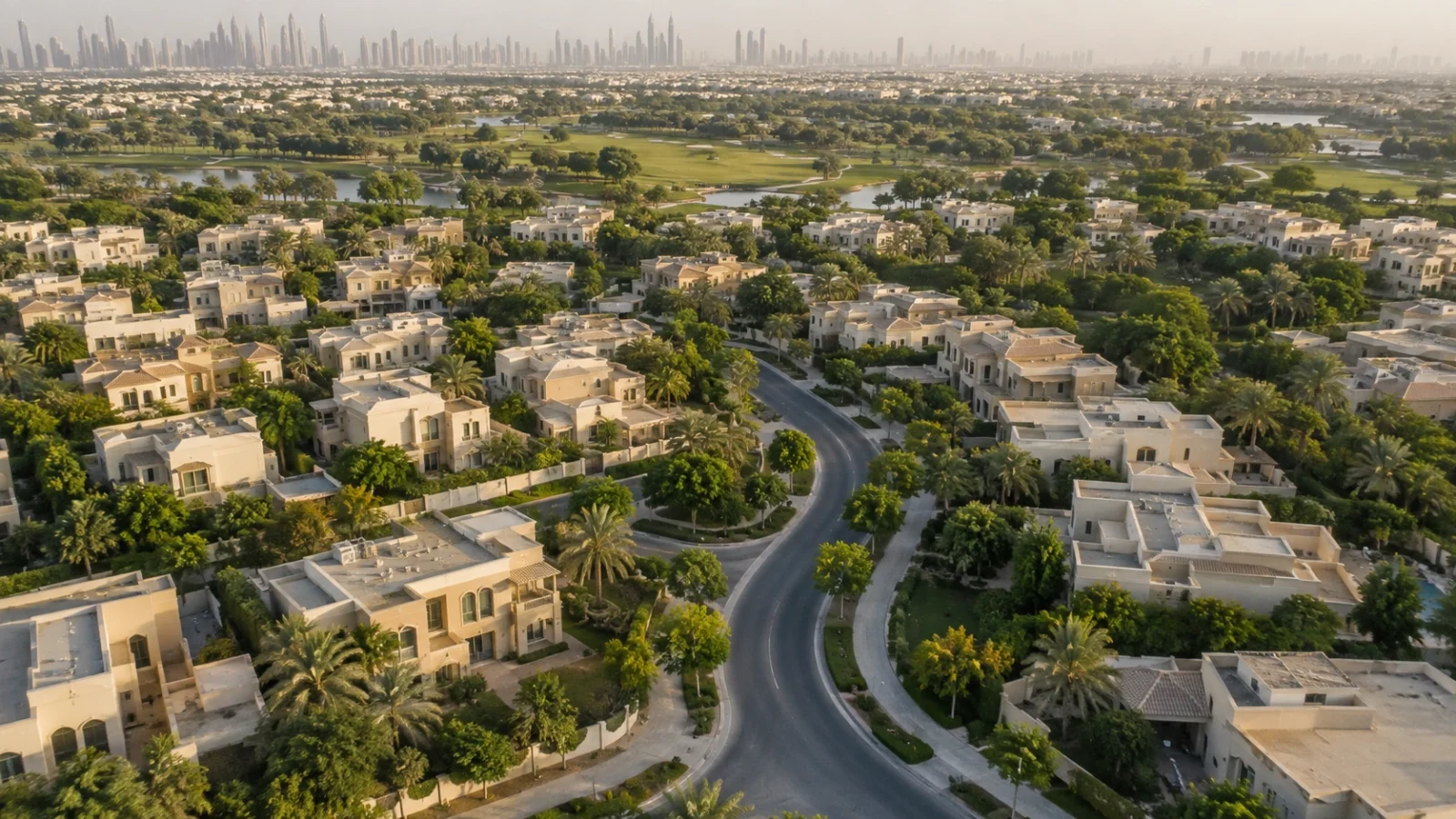 Aerial view of a mature Dubai villa community with tree-lined streets, parks and a distant city skyline