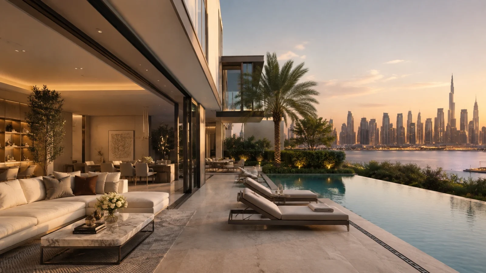 Villa terrace with an infinity pool and lounge seating overlooking the Dubai skyline at dusk