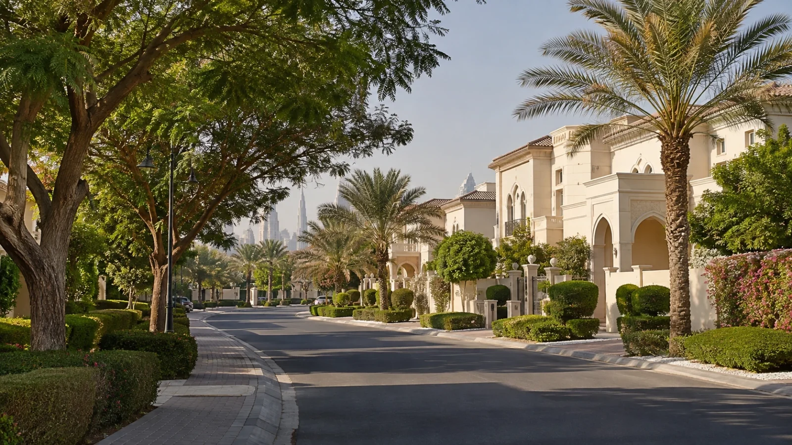 Quiet established Dubai villa street with mature trees, hedges and well-maintained homes, skyline in the distance