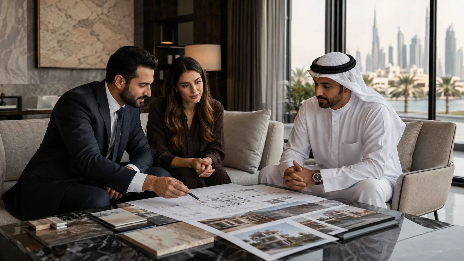 An adviser and clients reviewing printed villa floor plans and photos at a table in a premium Dubai office