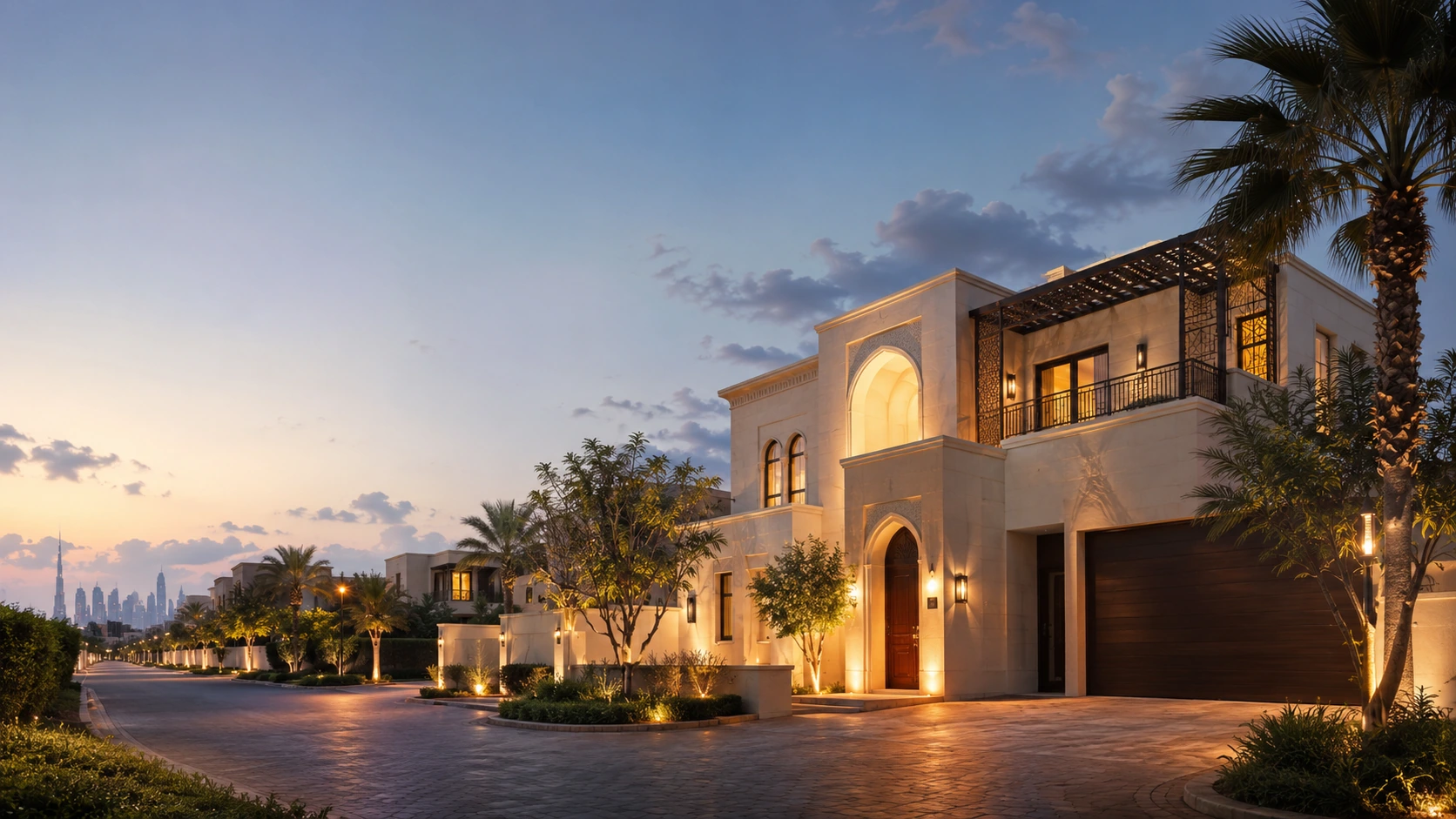 Illuminated Dubai villa entrance at early evening blue hour with palms and a lit driveway, city skyline in the distance