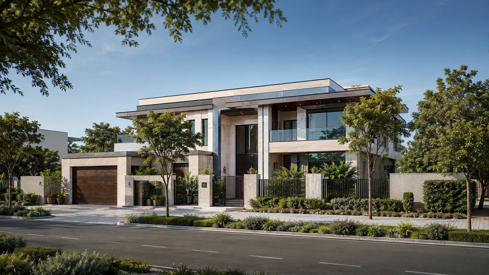A completed contemporary two-storey villa on a landscaped corner plot behind a gated boundary wall under a clear sky