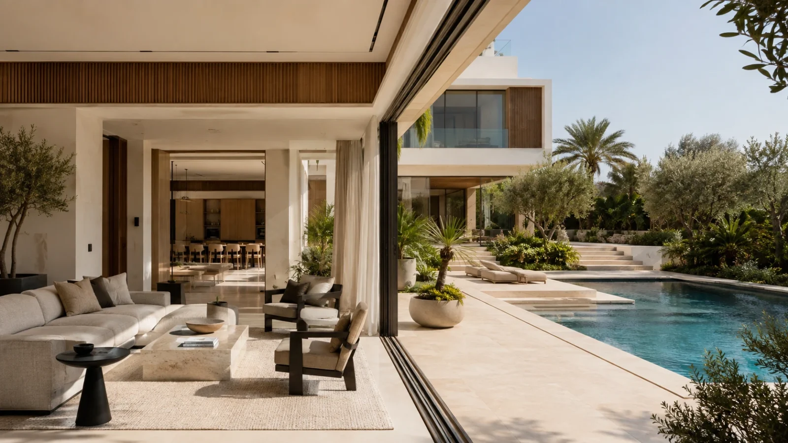 A covered villa terrace lounge opening onto a poolside garden through fully retracted glass walls