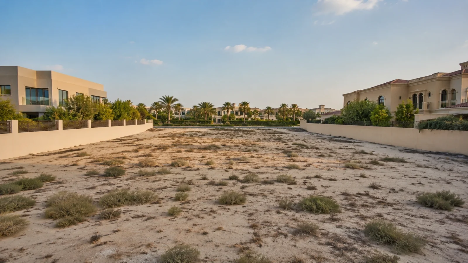 A vacant walled residential plot of bare land bordered by completed villas and mature palms in an established community