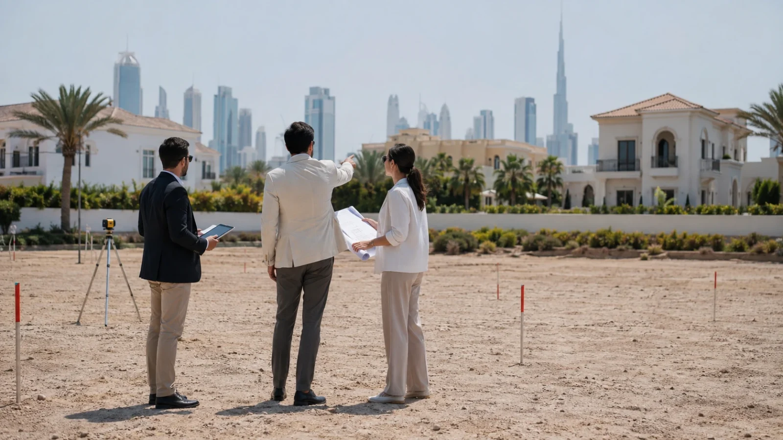 Professionals reviewing plans on a cleared development plot with survey markers and a city skyline in the background