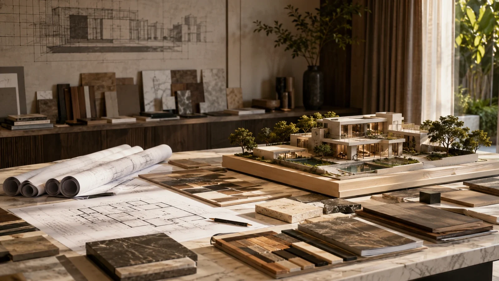 An architectural studio table with a scale villa model, blueprints and stone and wood material samples