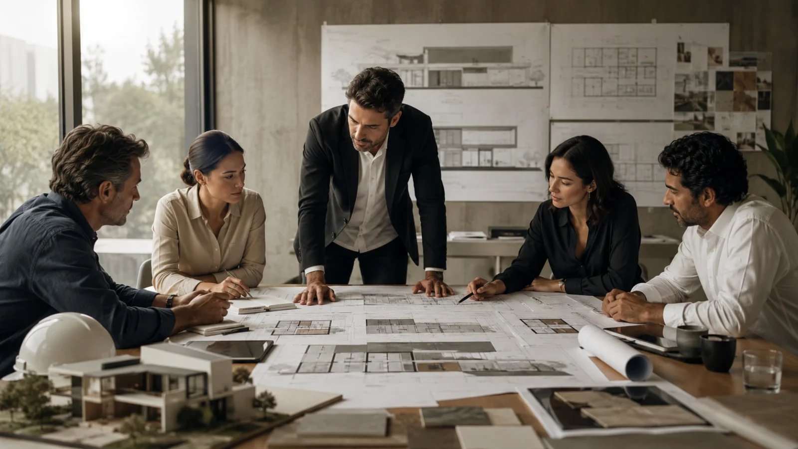 A team of architects and engineers reviewing floor plans and a scale model around a studio table
