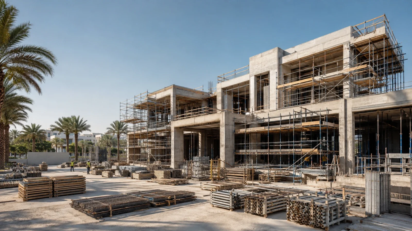 A villa under construction with erected scaffolding and neatly stacked building materials on an organised site