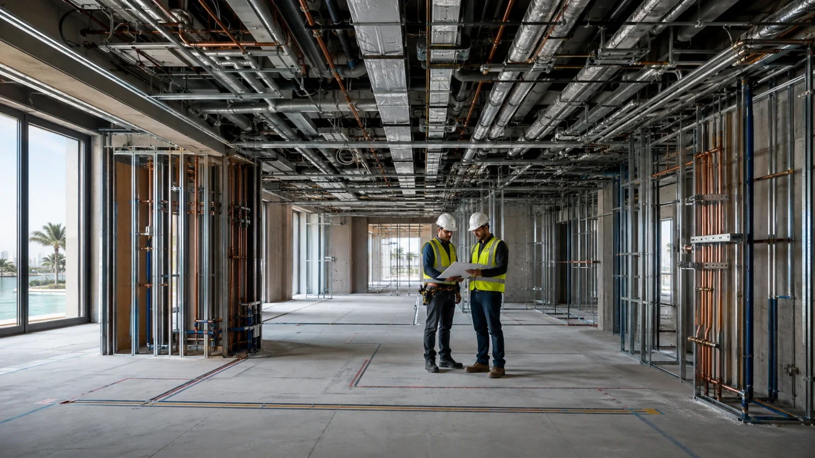 Workers in safety gear reviewing plans inside a building under construction with exposed services and partition framing