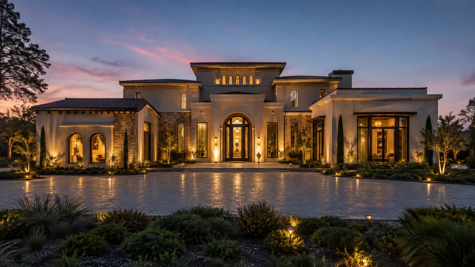 A completed custom villa at dusk with warm architectural lighting, stone detailing and a landscaped motor court