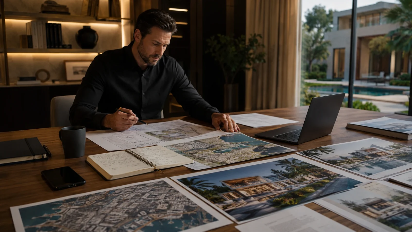 A professional reviewing printed site plans, aerial maps and villa research materials at a desk