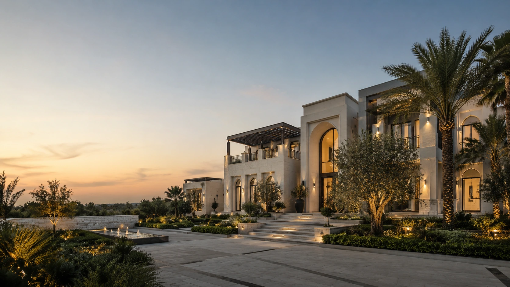 A completed custom villa at early evening with a lit arched entrance, terraced steps and landscaped grounds under a sunset sky