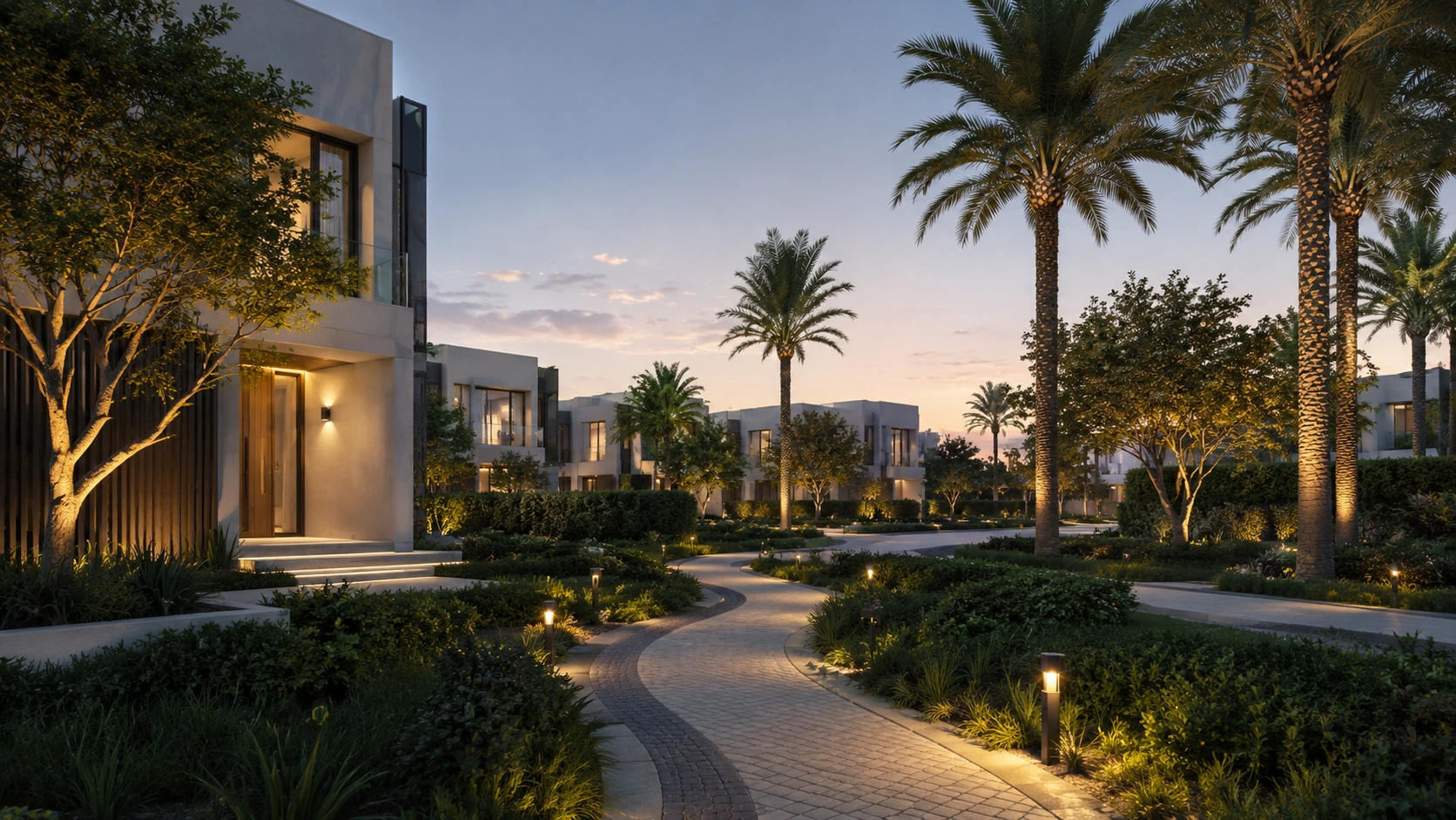 Calm premium Dubai villa community at early evening with lit landscaped pathways