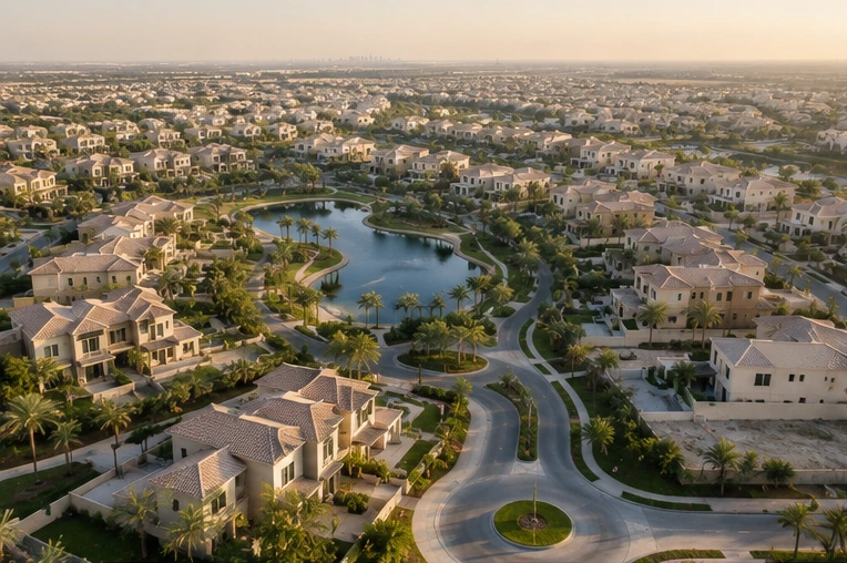 Aerial view of a mature Dubai villa community with a central lake