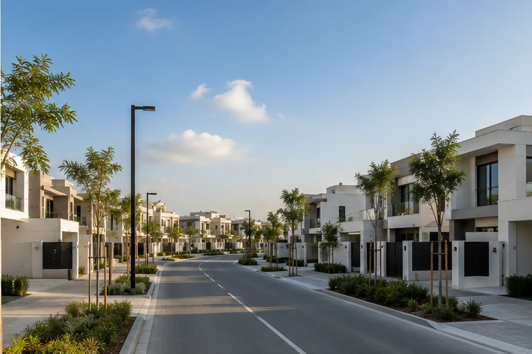 New Dubai master-community streetscape with modern villas