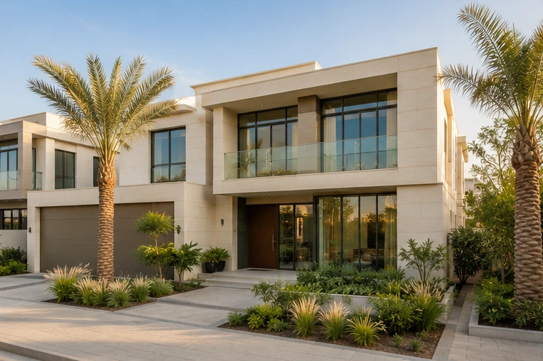 Ready Dubai villa exterior with landscaped frontage