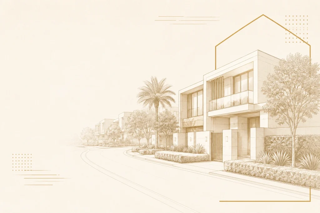 Architectural line illustration of a Dubai villa community street