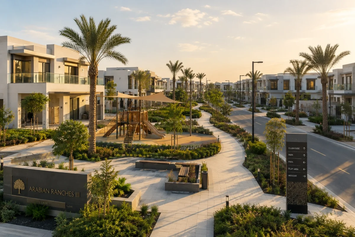 Recently completed Dubai villa community with new villas and fresh landscaping