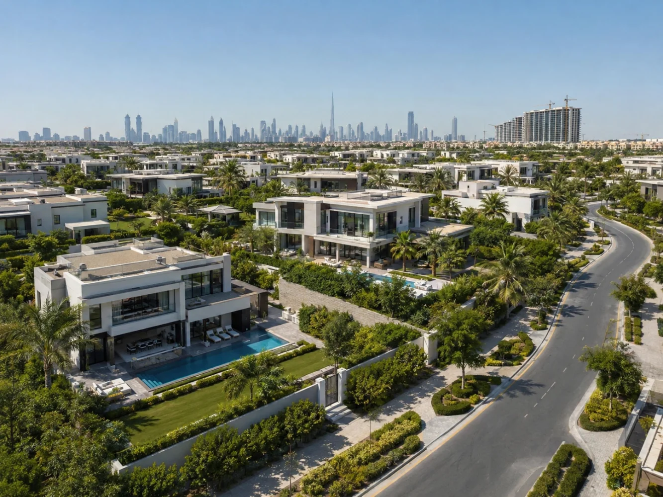 Wide Dubai master-community view showing completed, active and future phases