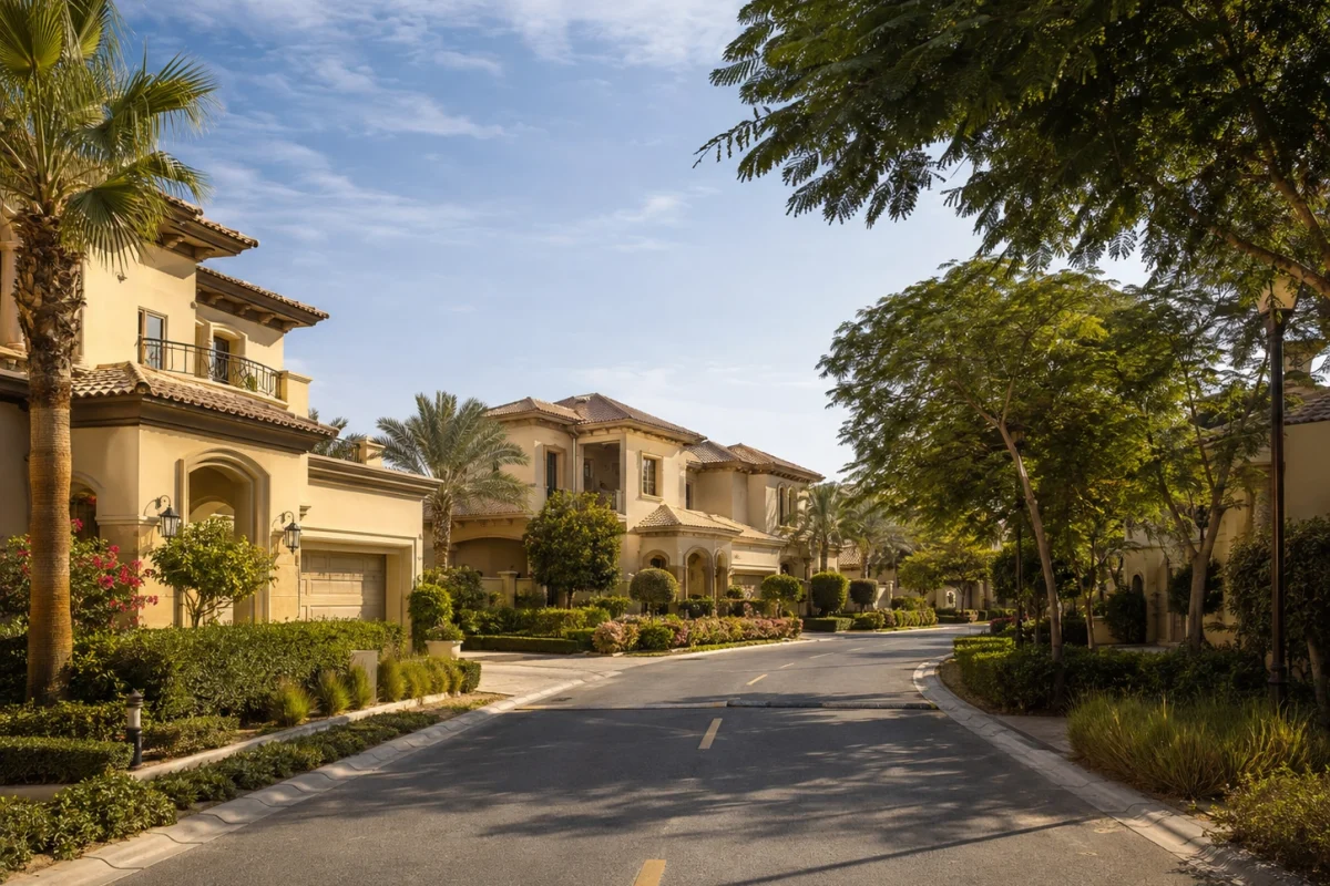 Mature landscaped Dubai villa community with established trees and clean streets