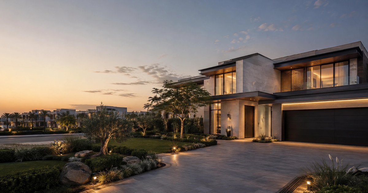 Contemporary Dubai villa at early evening with landscaped garden and community surroundings
