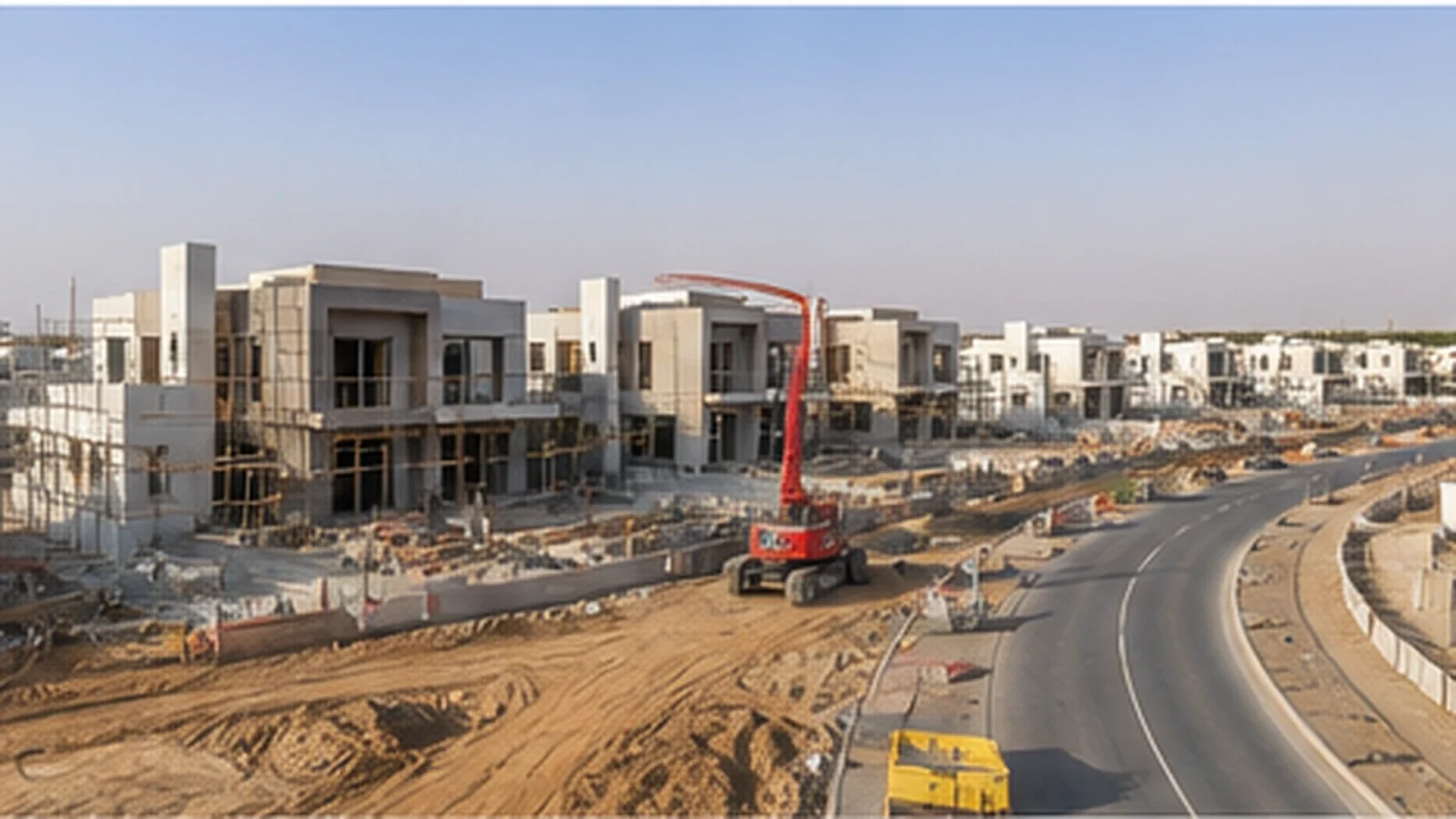 Organised active villa construction within a Dubai master community with completed structures and new roads