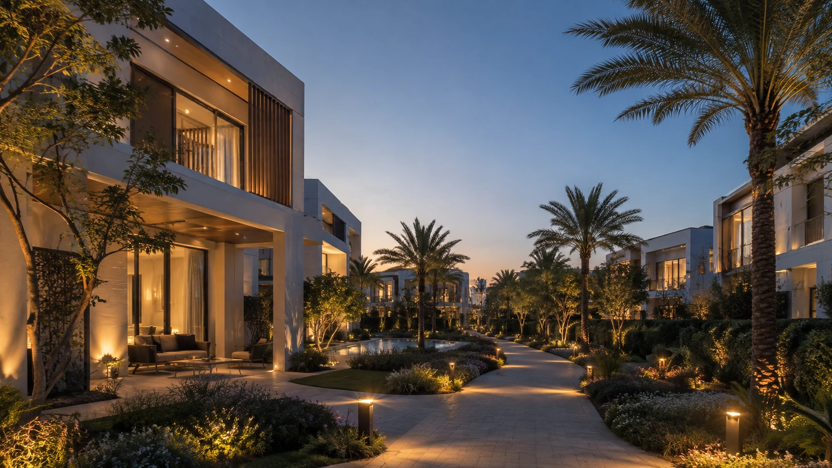 Calm premium Dubai villa community walkway at early evening with warm lighting and a landscaped path